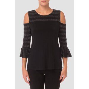 Joseph Ribkoff Black Silver Cold Shoulder Bell Sleeve Knit‎ Top Size 6 S M Shirt